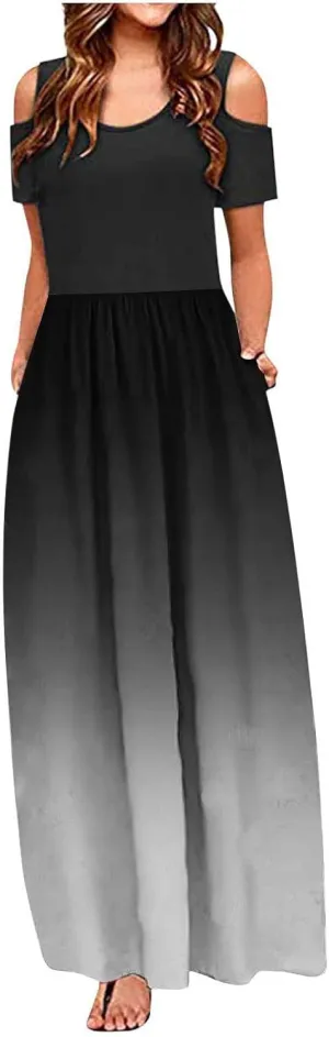 Summer Dresses for Women 2025 Vacation Off Shoulder Short Sleeve Crewneck Maxi Dress Colorblock Printed Long Dress