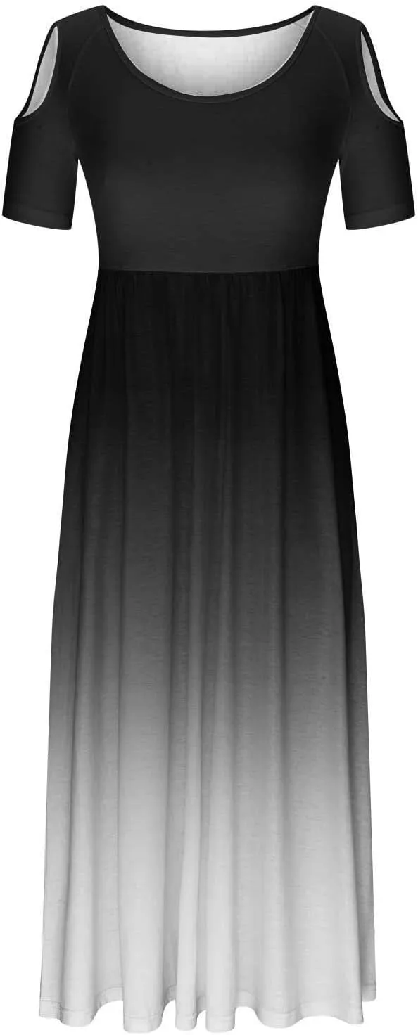 Summer Dresses for Women 2025 Vacation Off Shoulder Short Sleeve Crewneck Maxi Dress Colorblock Printed Long Dress
