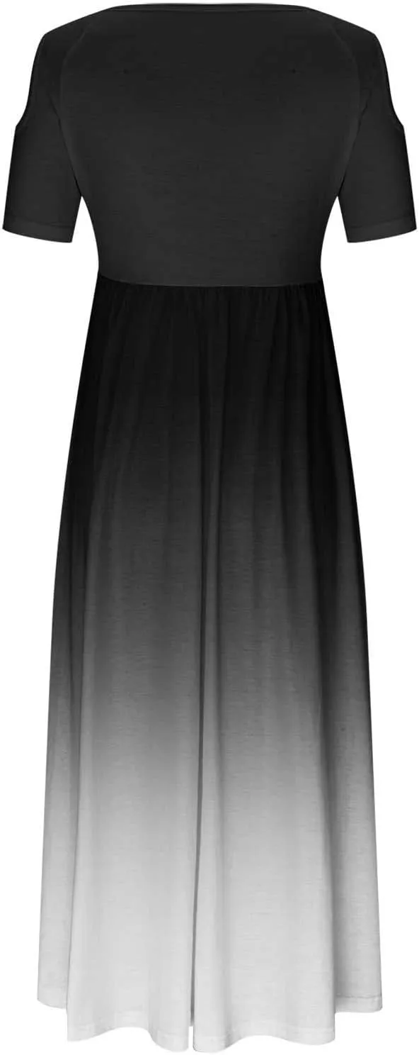 Summer Dresses for Women 2025 Vacation Off Shoulder Short Sleeve Crewneck Maxi Dress Colorblock Printed Long Dress