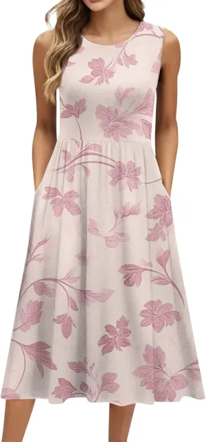 Summer Dresses for Women Casual Floral Print Boho Dress Sleeveless Round Neck Aline Swing Tshirt Dress with Pocket