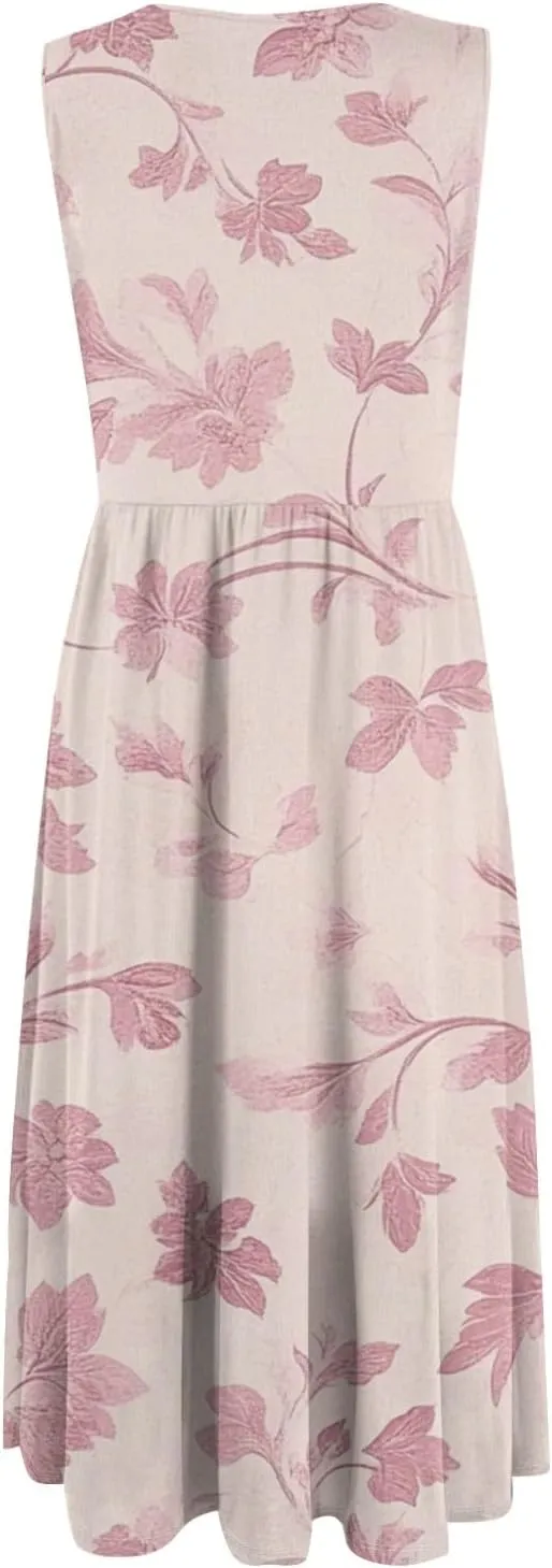 Summer Dresses for Women Casual Floral Print Boho Dress Sleeveless Round Neck Aline Swing Tshirt Dress with Pocket