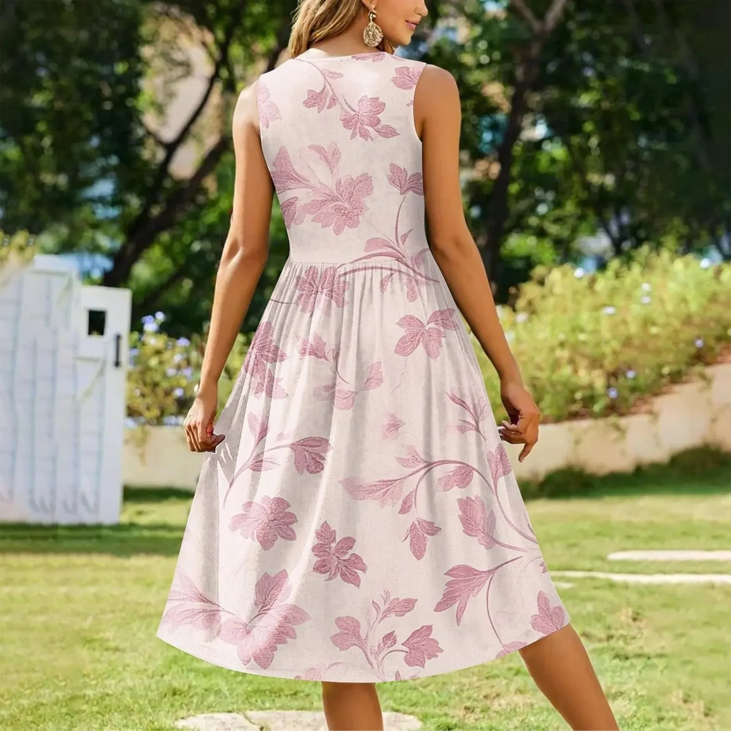 Summer Dresses for Women Casual Floral Print Boho Dress Sleeveless Round Neck Aline Swing Tshirt Dress with Pocket