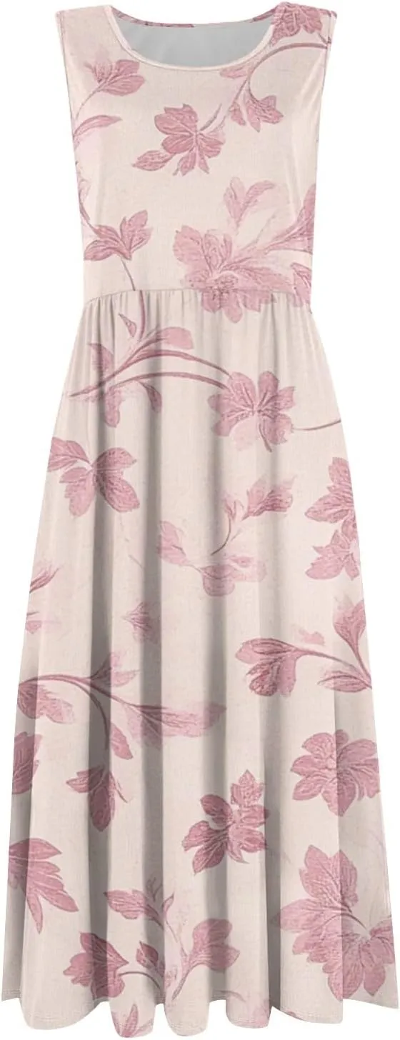 Summer Dresses for Women Casual Floral Print Boho Dress Sleeveless Round Neck Aline Swing Tshirt Dress with Pocket