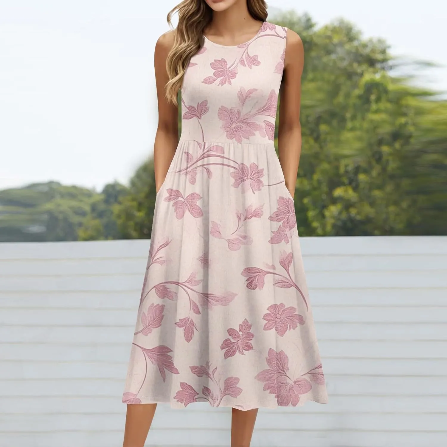 Summer Dresses for Women Casual Floral Print Boho Dress Sleeveless Round Neck Aline Swing Tshirt Dress with Pocket