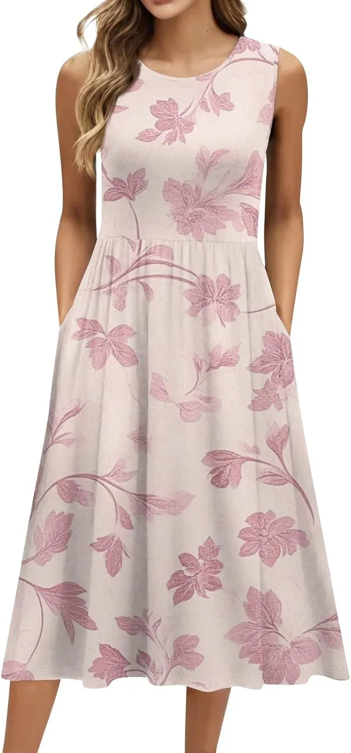 Summer Dresses for Women Casual Floral Print Boho Dress Sleeveless Round Neck Aline Swing Tshirt Dress with Pocket
