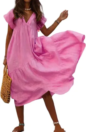 Summer Dresses for Women Linen Plus Size Short Sleeve V-Neck Swing Dress Casual Tiered Ruffle Flowy Beach Sundress