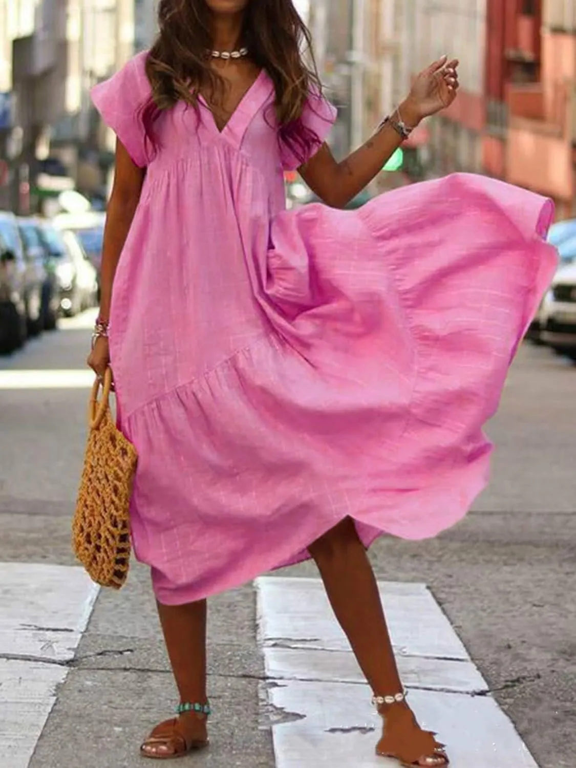 Summer Dresses for Women Linen Plus Size Short Sleeve V-Neck Swing Dress Casual Tiered Ruffle Flowy Beach Sundress