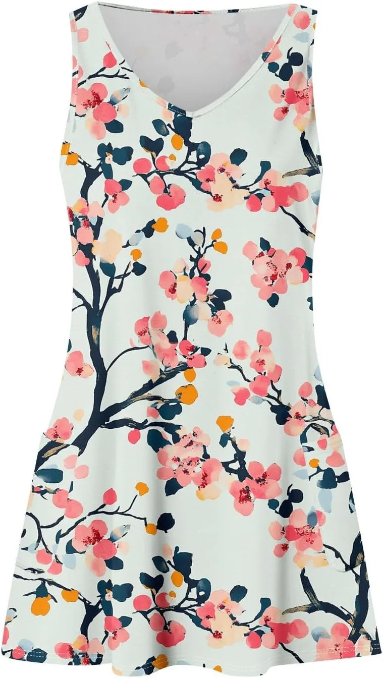 Summer Dresses for Women V Neck Boho T Shirt Dress Sleeveless Beach Mini Dress A Line Dress with Pockets