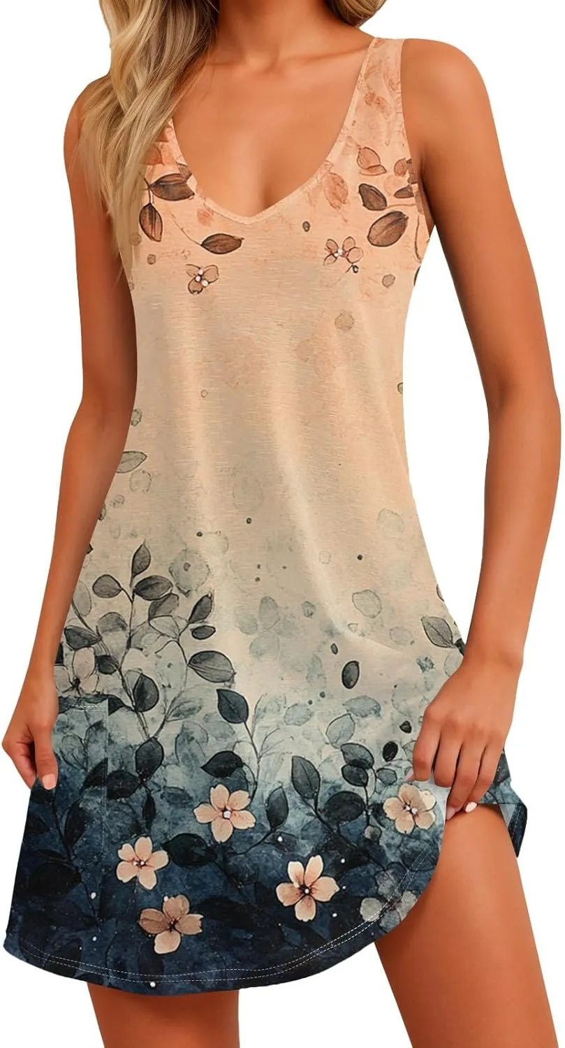 Summer Dresses for Women V Neck Boho T Shirt Dress Sleeveless Beach Mini Dress A Line Dress with Pockets