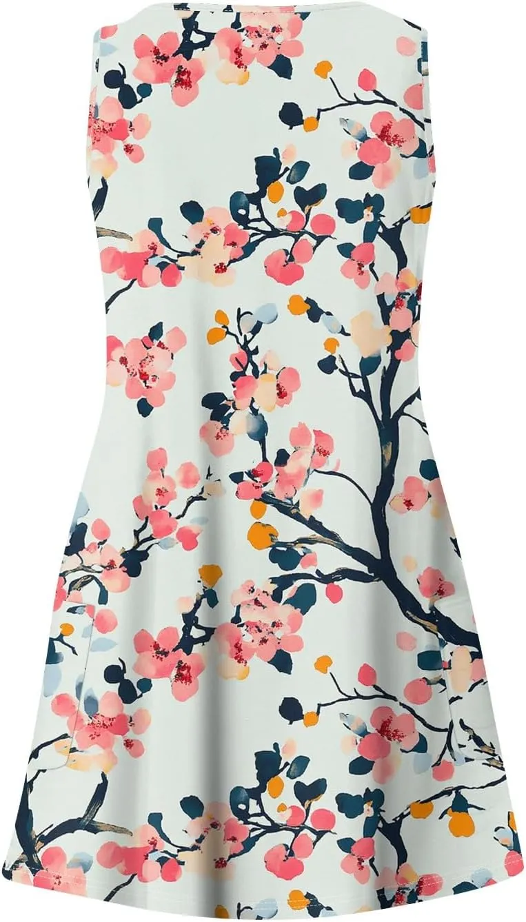 Summer Dresses for Women V Neck Boho T Shirt Dress Sleeveless Beach Mini Dress A Line Dress with Pockets