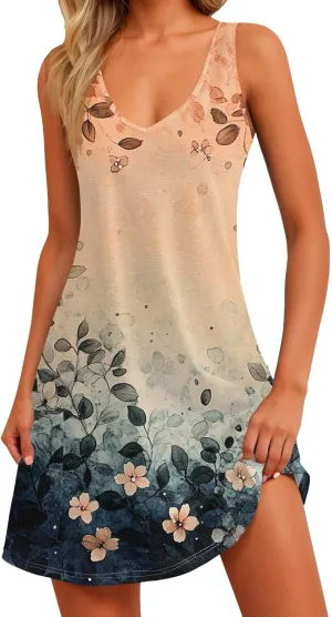 Summer Dresses for Women V Neck Boho T Shirt Dress Sleeveless Beach Mini Dress A Line Dress with Pockets