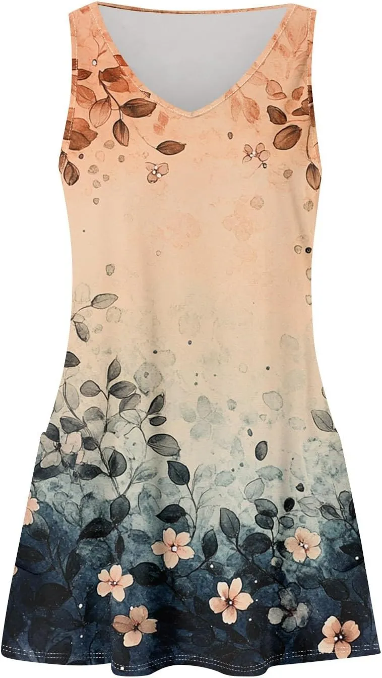 Summer Dresses for Women V Neck Boho T Shirt Dress Sleeveless Beach Mini Dress A Line Dress with Pockets