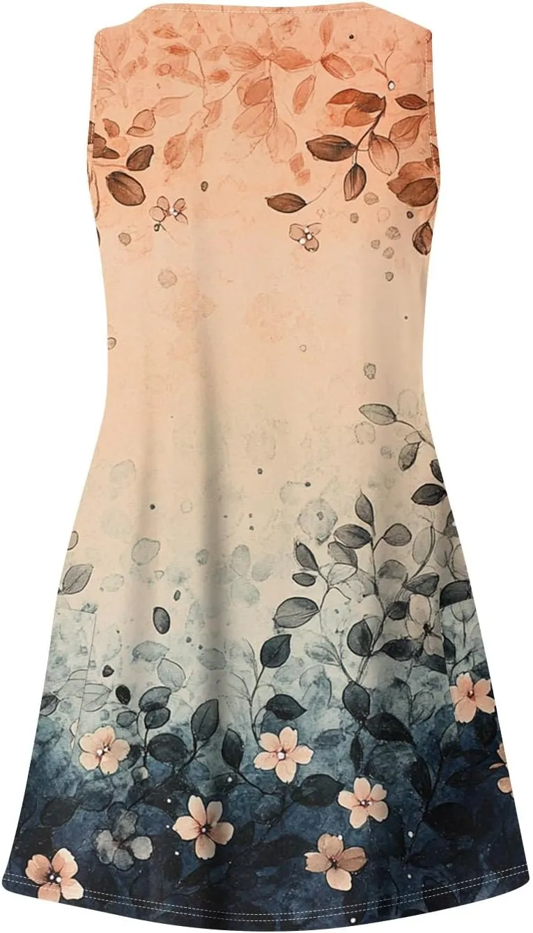 Summer Dresses for Women V Neck Boho T Shirt Dress Sleeveless Beach Mini Dress A Line Dress with Pockets