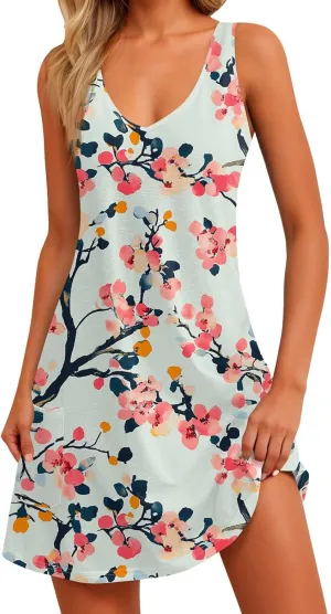 Summer Dresses for Women V Neck Boho T Shirt Dress Sleeveless Beach Mini Dress A Line Dress with Pockets