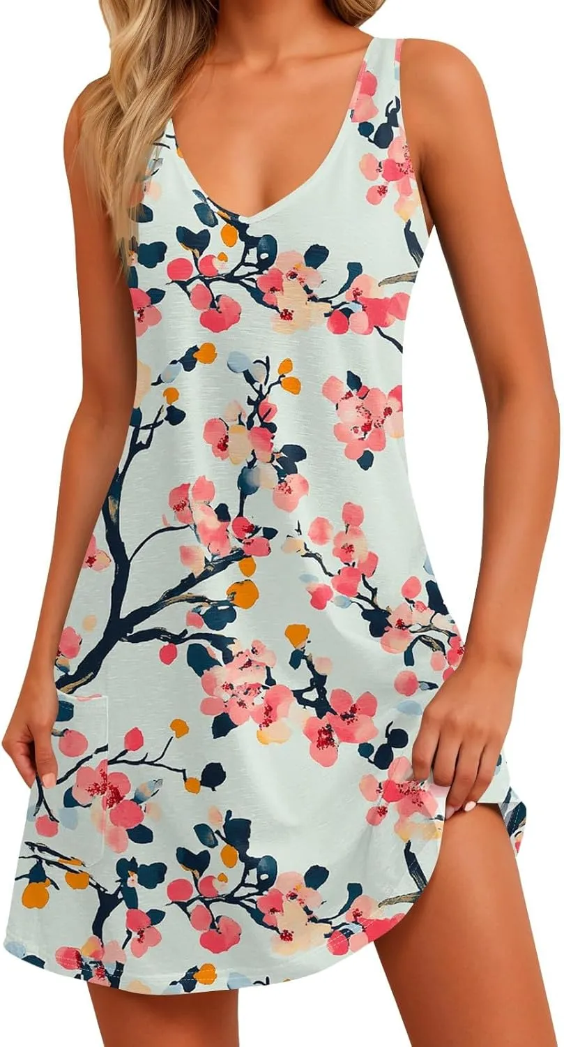 Summer Dresses for Women V Neck Boho T Shirt Dress Sleeveless Beach Mini Dress A Line Dress with Pockets