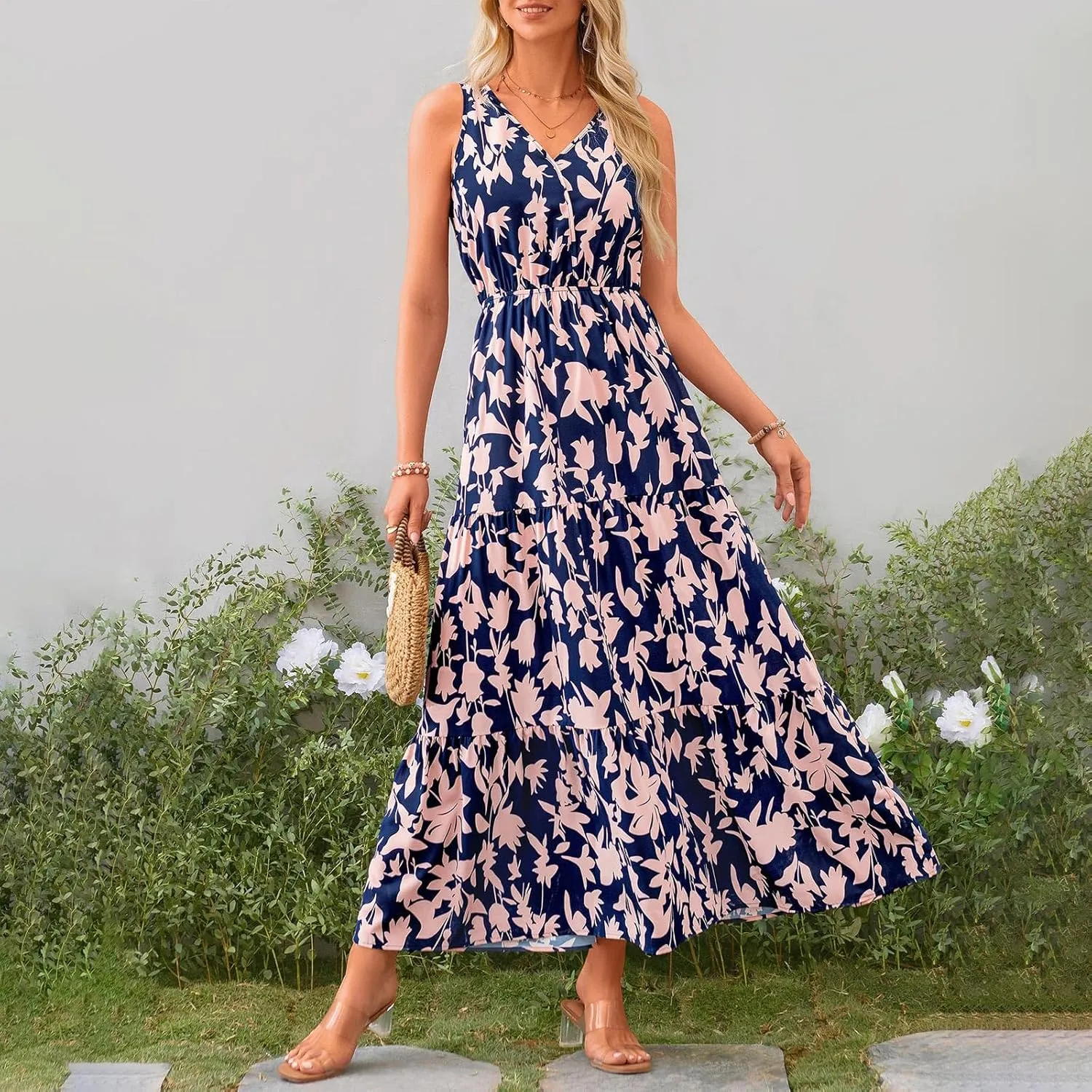 Summer Dresses Long Dresses Sleeveless Boho Dress Floral Dress Work Sun Dresses V Neck Maxi Dress Beach Vacation