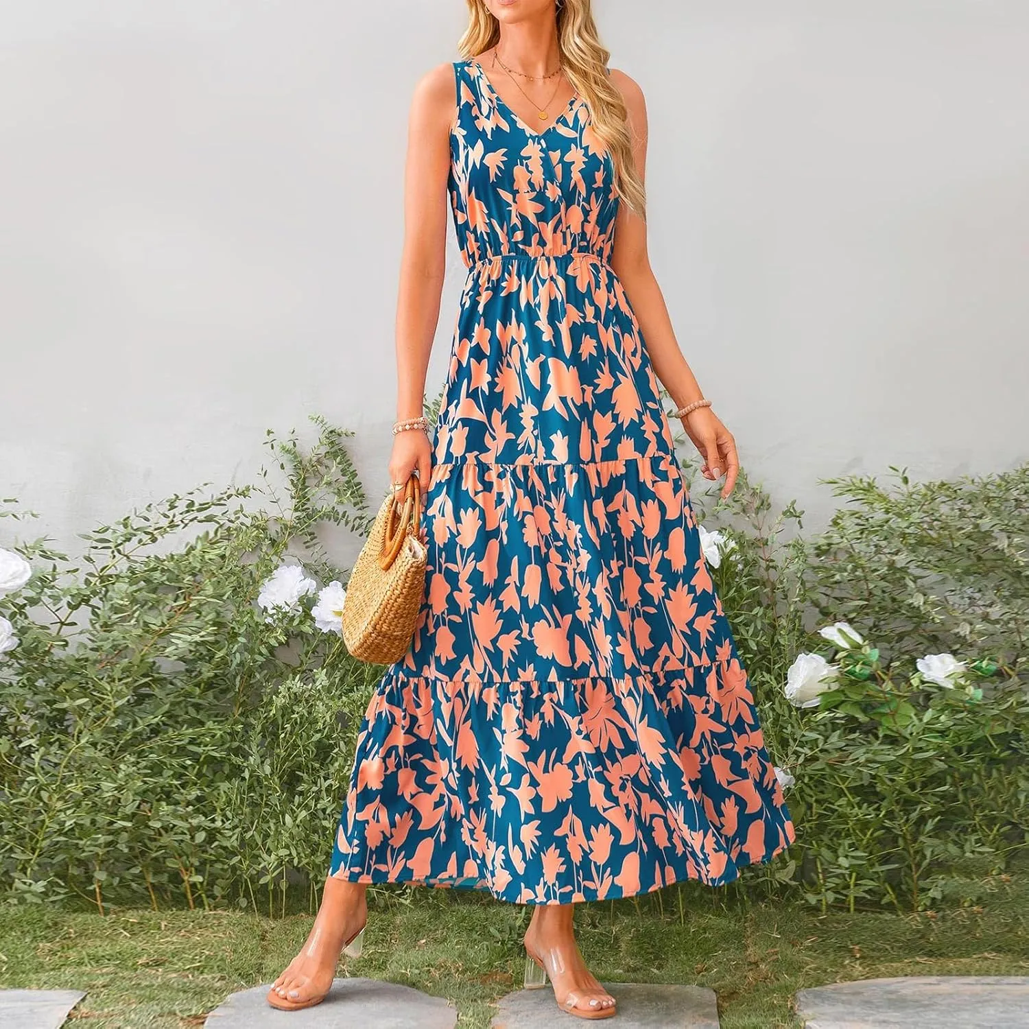Summer Dresses Long Dresses Sleeveless Boho Dress Floral Dress Work Sun Dresses V Neck Maxi Dress Beach Vacation