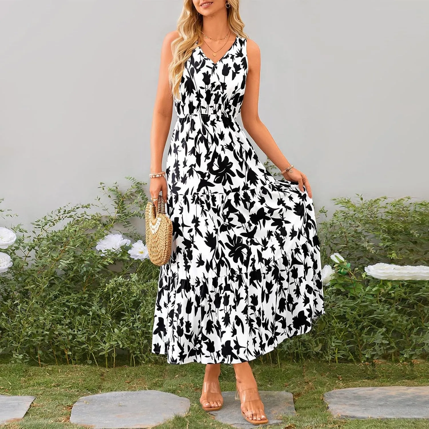 Summer Dresses Long Dresses Sleeveless Boho Dress Floral Dress Work Sun Dresses V Neck Maxi Dress Beach Vacation