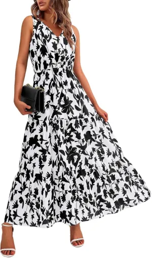 Summer Dresses Long Dresses Sleeveless Boho Dress Floral Dress Work Sun Dresses V Neck Maxi Dress Beach Vacation