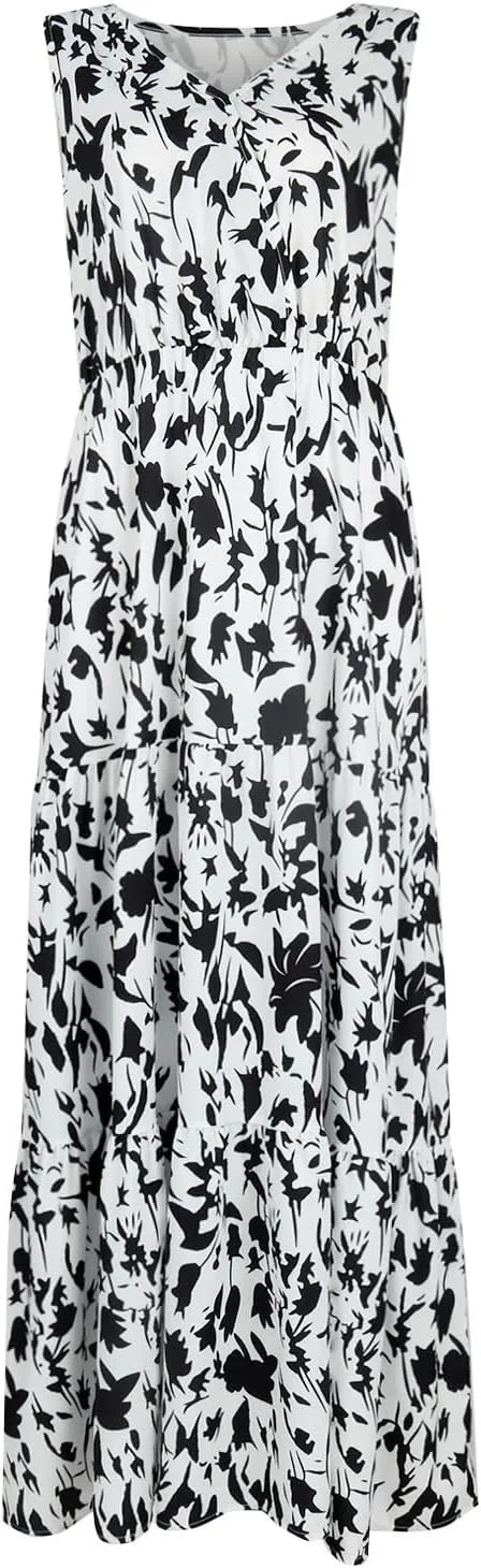 Summer Dresses Long Dresses Sleeveless Boho Dress Floral Dress Work Sun Dresses V Neck Maxi Dress Beach Vacation