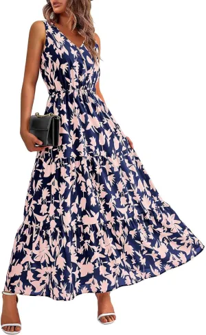 Summer Dresses Long Dresses Sleeveless Boho Dress Floral Dress Work Sun Dresses V Neck Maxi Dress Beach Vacation