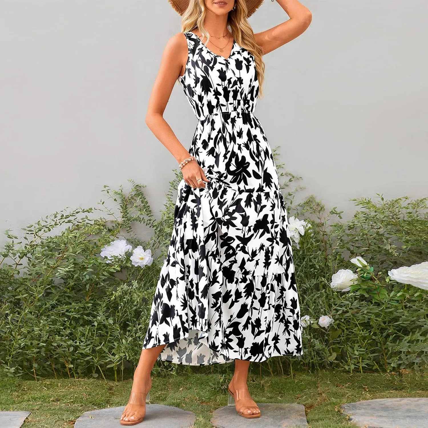 Summer Dresses Long Dresses Sleeveless Boho Dress Floral Dress Work Sun Dresses V Neck Maxi Dress Beach Vacation