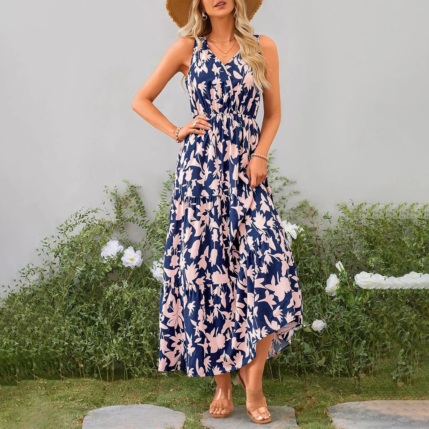 Summer Dresses Long Dresses Sleeveless Boho Dress Floral Dress Work Sun Dresses V Neck Maxi Dress Beach Vacation