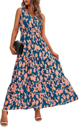Summer Dresses Long Dresses Sleeveless Boho Dress Floral Dress Work Sun Dresses V Neck Maxi Dress Beach Vacation