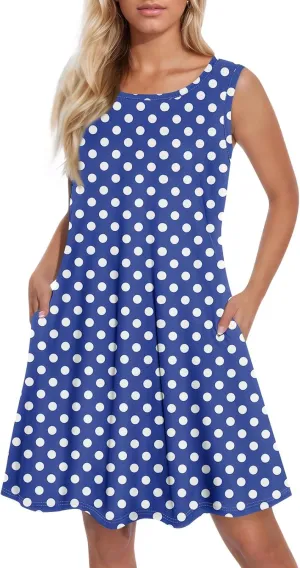 Summer Dresses Sundress Flowy Dresses Sleeveless Tank Dress Polka Dots Cover Up Spring Vest Dress Trendy with Pocket