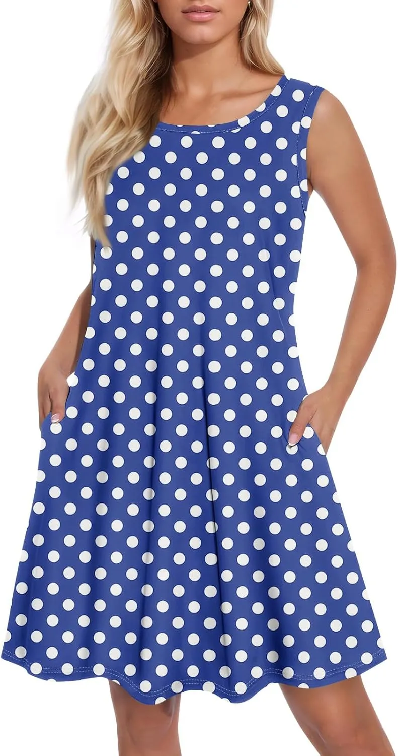 Summer Dresses Sundress Flowy Dresses Sleeveless Tank Dress Polka Dots Cover Up Spring Vest Dress Trendy with Pocket