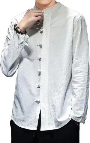 Summer Men Shirt Chinese Style Linen Slim Fit Casual Long Sleeves Top Camisa Social Spring Clothing