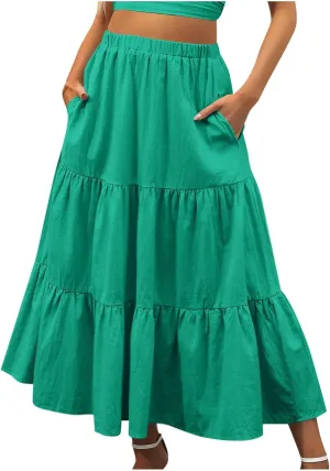 Summer Ruffle Skirt Women A Line Boho Skirt Flowy Long Skirt with Pocket Elastic Waist Beach Skirt Pleated Maxi Skirt