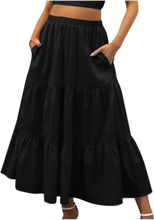 Summer Ruffle Skirt Women A Line Boho Skirt Flowy Long Skirt with Pocket Elastic Waist Beach Skirt Pleated Maxi Skirt