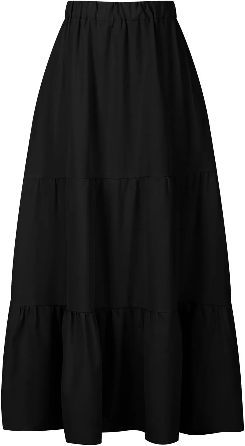 Summer Ruffle Skirt Women A Line Boho Skirt Flowy Long Skirt with Pocket Elastic Waist Beach Skirt Pleated Maxi Skirt