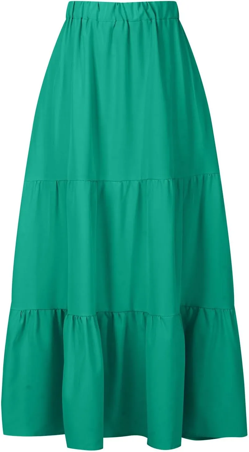 Summer Ruffle Skirt Women A Line Boho Skirt Flowy Long Skirt with Pocket Elastic Waist Beach Skirt Pleated Maxi Skirt