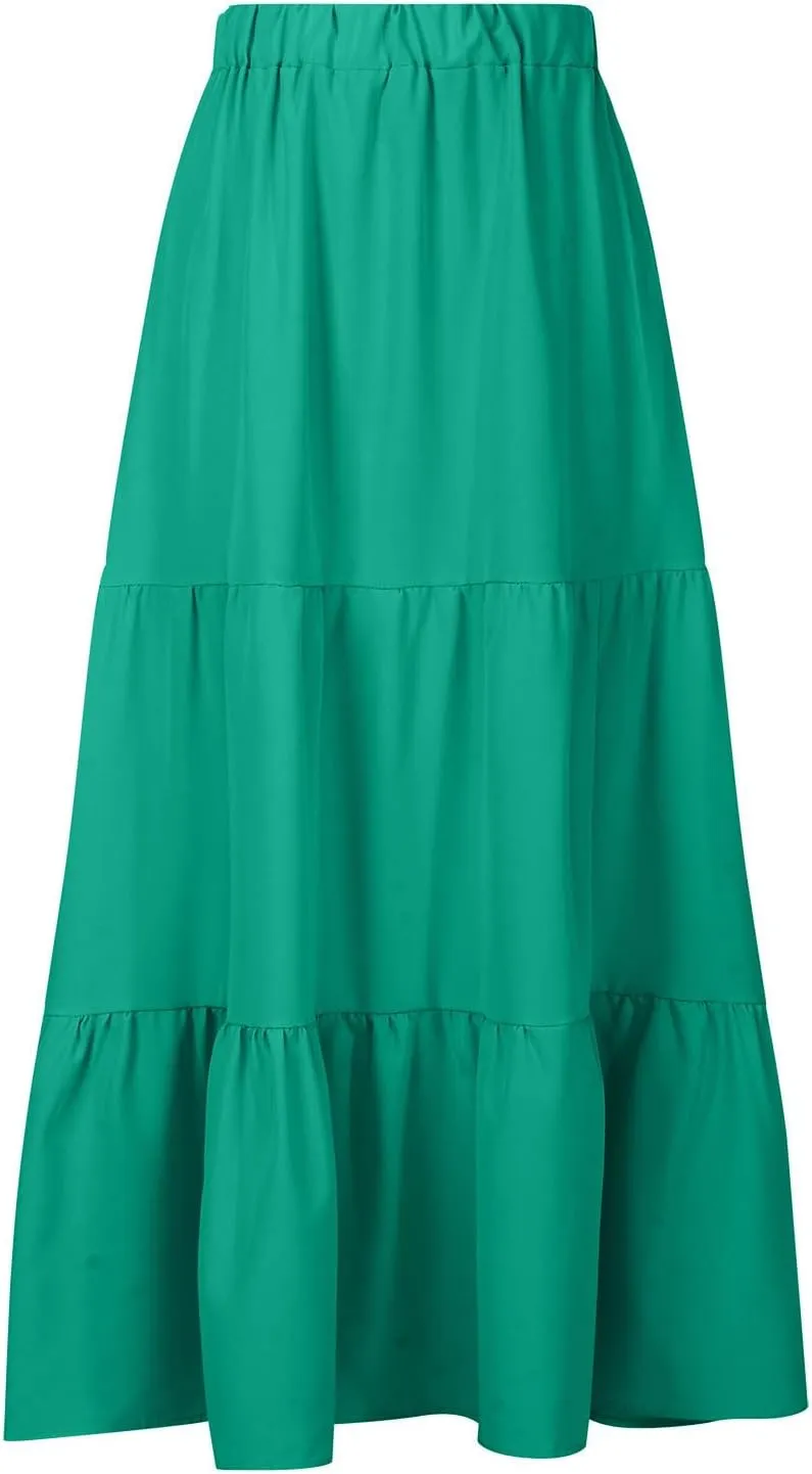 Summer Ruffle Skirt Women A Line Boho Skirt Flowy Long Skirt with Pocket Elastic Waist Beach Skirt Pleated Maxi Skirt