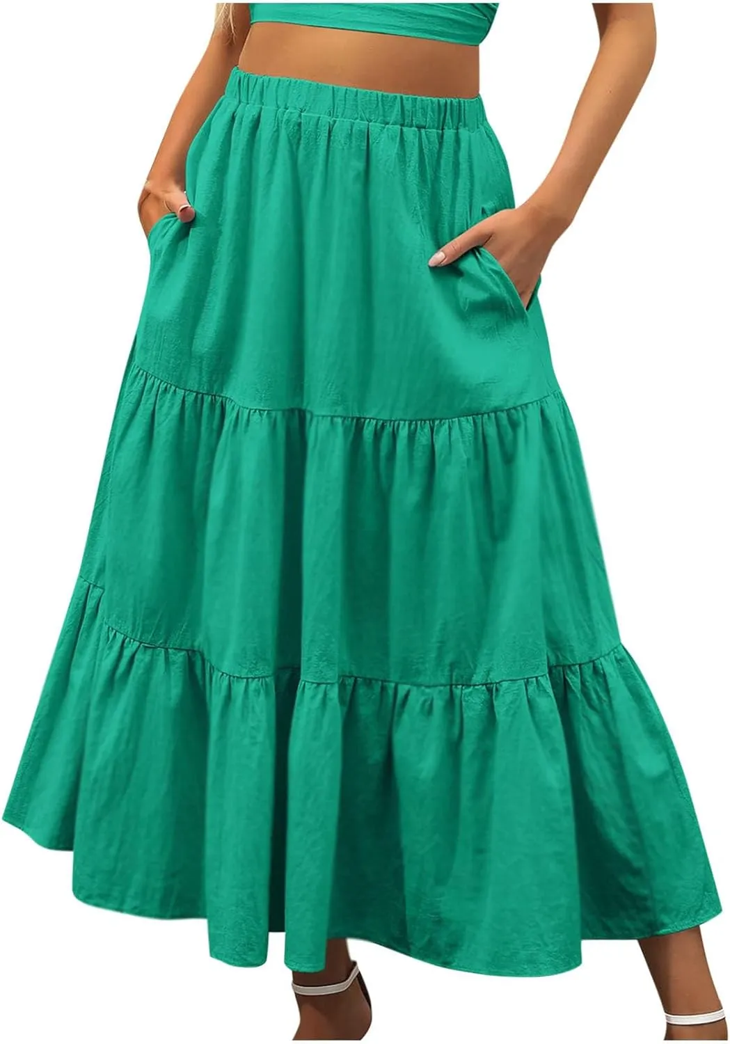 Summer Ruffle Skirt Women A Line Boho Skirt Flowy Long Skirt with Pocket Elastic Waist Beach Skirt Pleated Maxi Skirt