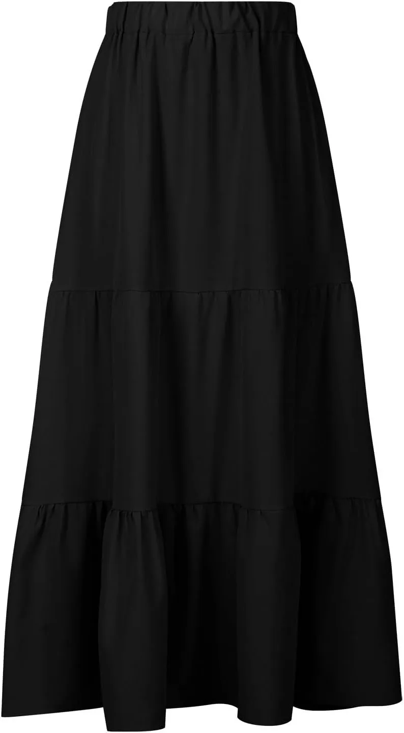 Summer Ruffle Skirt Women A Line Boho Skirt Flowy Long Skirt with Pocket Elastic Waist Beach Skirt Pleated Maxi Skirt