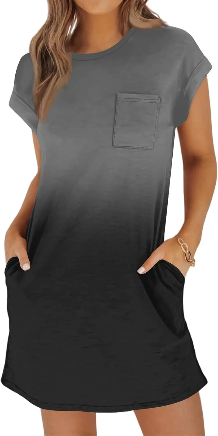 Summer Shirt Dresses for Women Short Sleeve Loose Fit Crewneck Mini Shift Dress Boho Beach Fashion