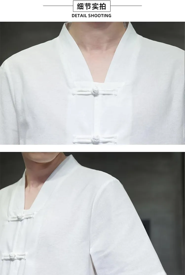 Summer Shirt for Men Chinese Style Cotton Linen Shirts V-Neck Buckle Short-Sleeved Shirt Traditional Menswear