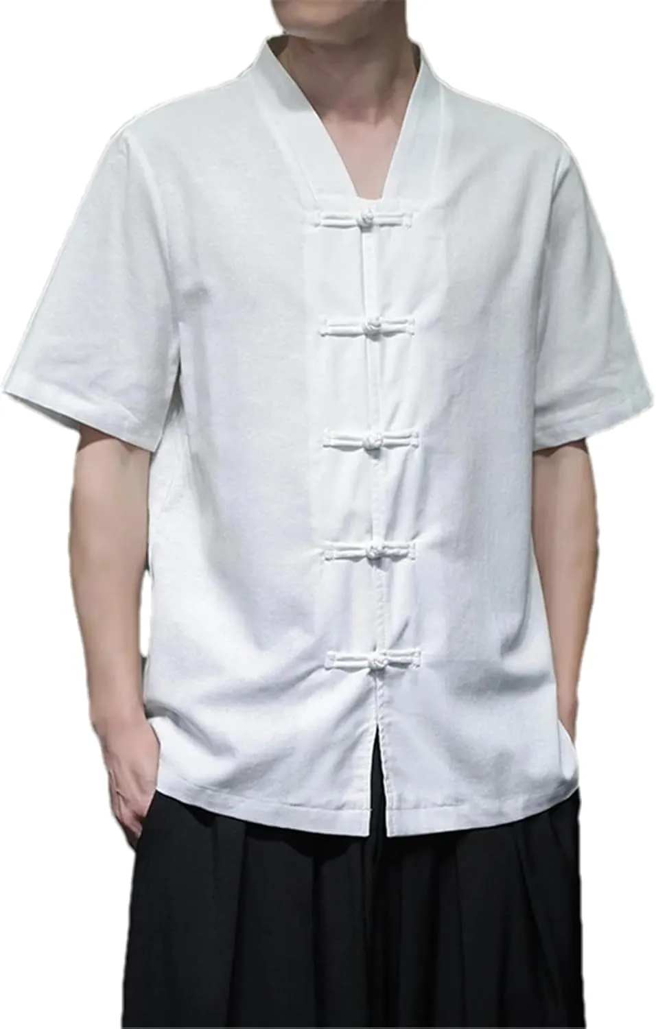 Summer Shirt for Men Chinese Style Cotton Linen Shirts V-Neck Buckle Short-Sleeved Shirt Traditional Menswear