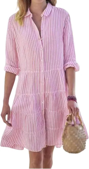 Summer Striped Dresses for Women Casual Lapel V Neck Button Down Midi Dress Trendy Loose Fit Ruffle Hem Sundress