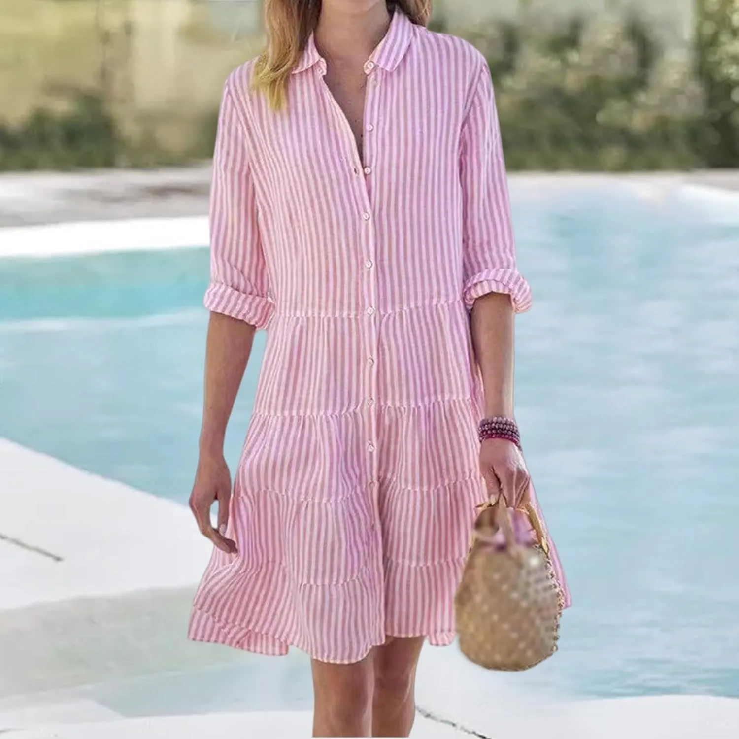 Summer Striped Dresses for Women Casual Lapel V Neck Button Down Midi Dress Trendy Loose Fit Ruffle Hem Sundress