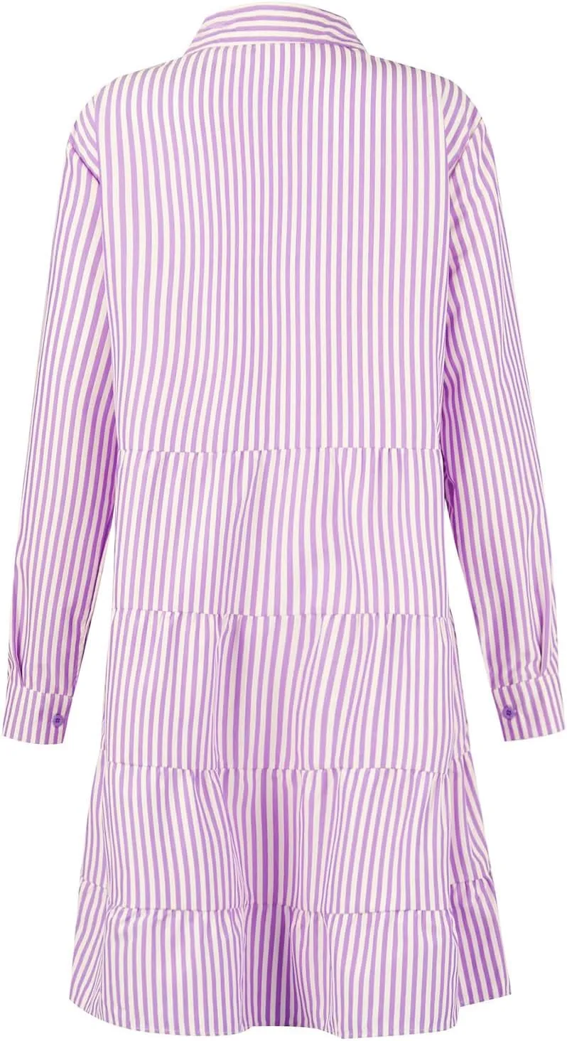 Summer Striped Dresses for Women Casual Lapel V Neck Button Down Midi Dress Trendy Loose Fit Ruffle Hem Sundress