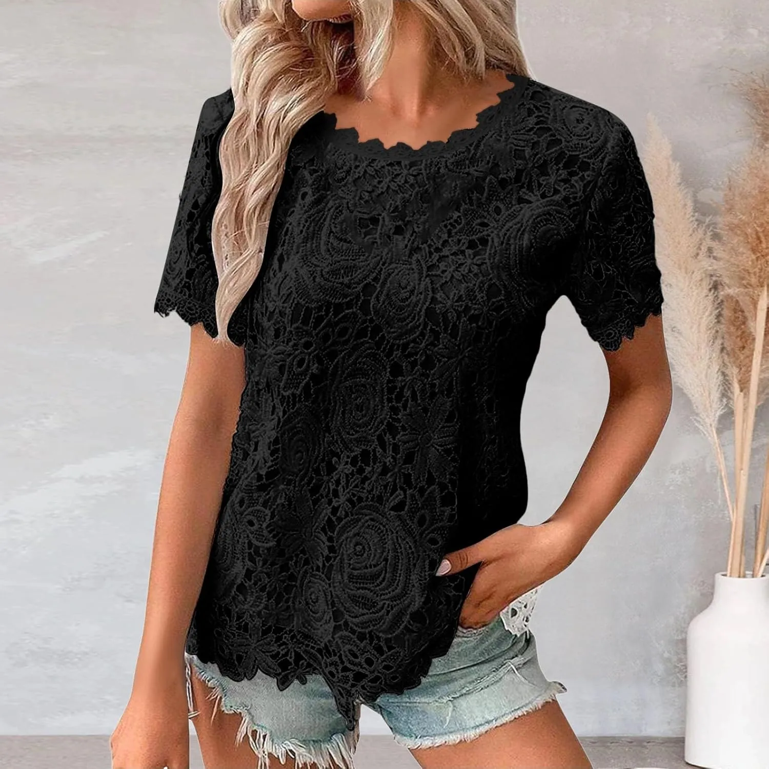 Summer Tops for Women 2024 Lace Crochet Embroidery Crewneck T Shirts Dressy Casual Short Sleeve Elegant Work Blouses