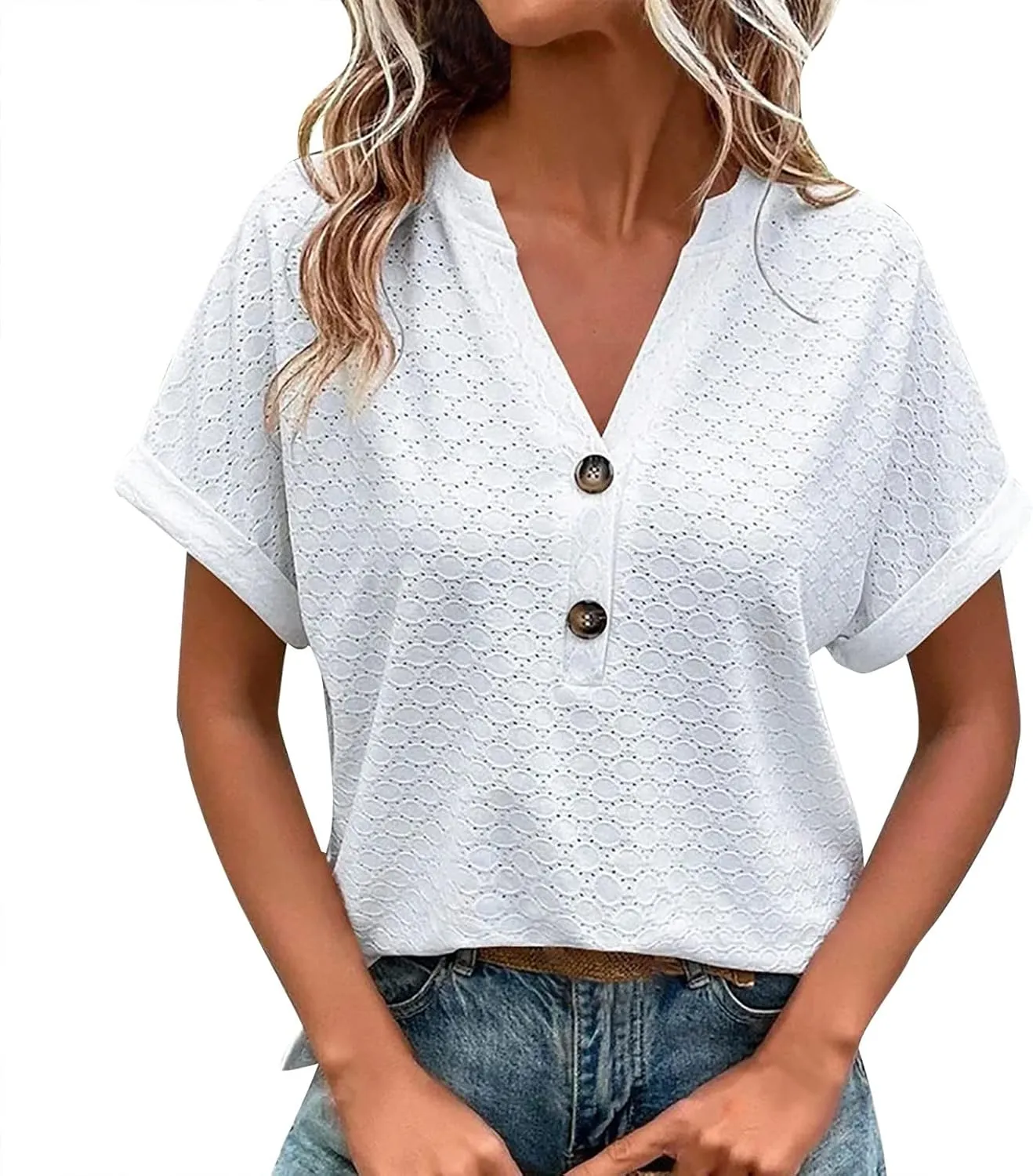 Summer Tops for Women Trendy 2025 Short Sleeve V Neck Eyelet Shirts Dressy Casual Loose Ladies Blouses Going Out