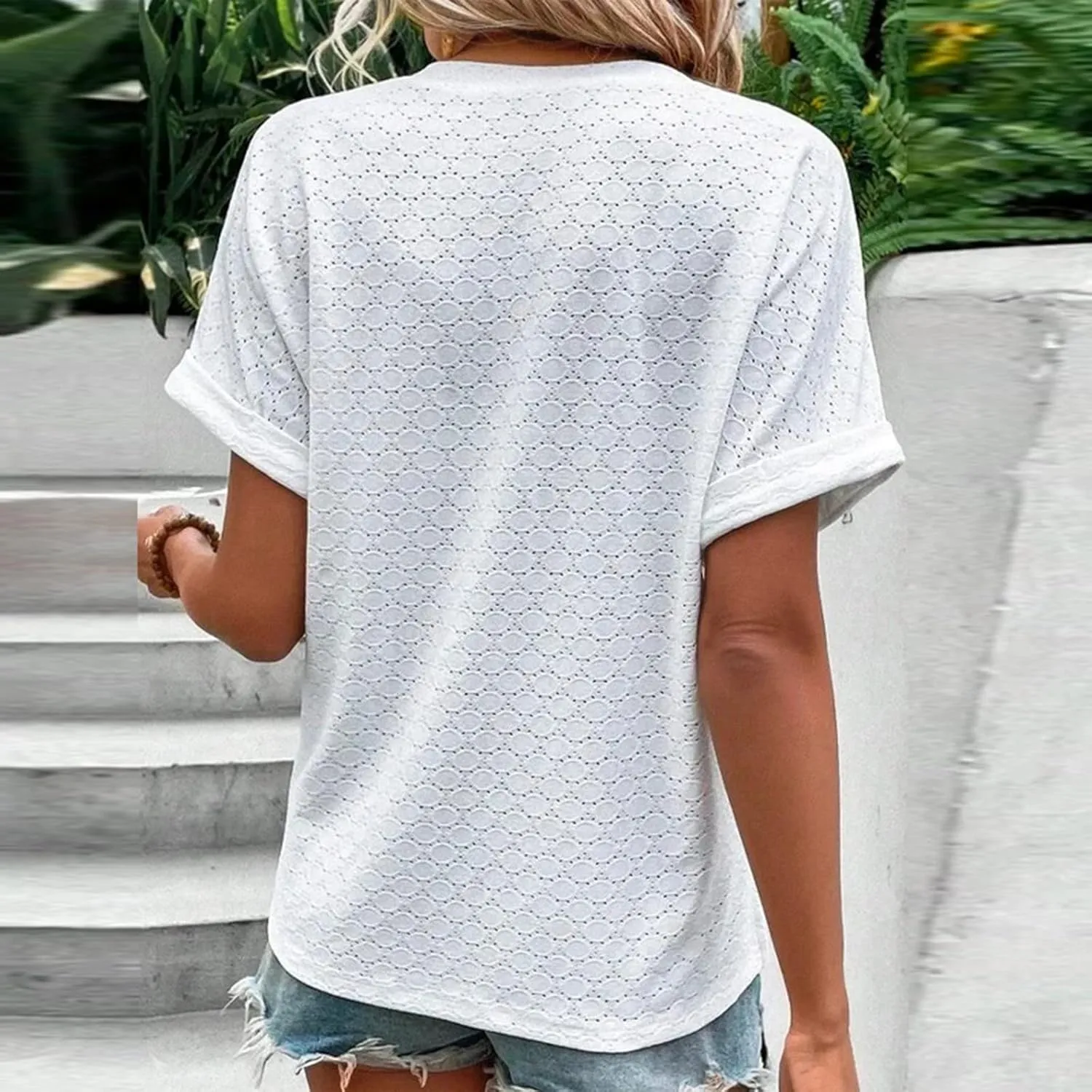 Summer Tops for Women Trendy 2025 Short Sleeve V Neck Eyelet Shirts Dressy Casual Loose Ladies Blouses Going Out