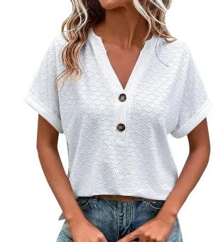 Summer Tops for Women Trendy 2025 Short Sleeve V Neck Eyelet Shirts Dressy Casual Loose Ladies Blouses Going Out