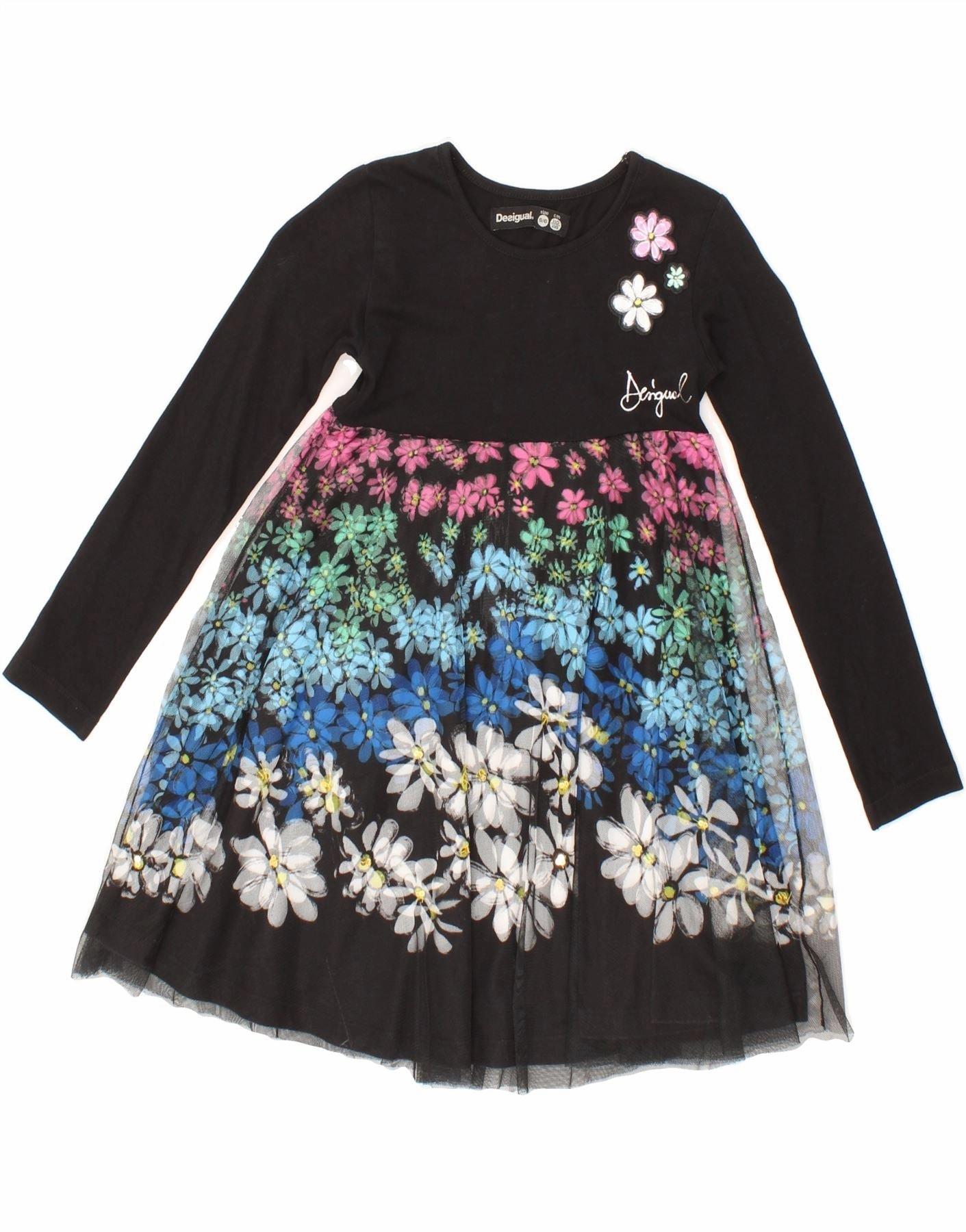 Perfect For Any Occasion DESIGUAL Girls Long Sleeve Basic Dress 5-6 Years Black Floral Cotton