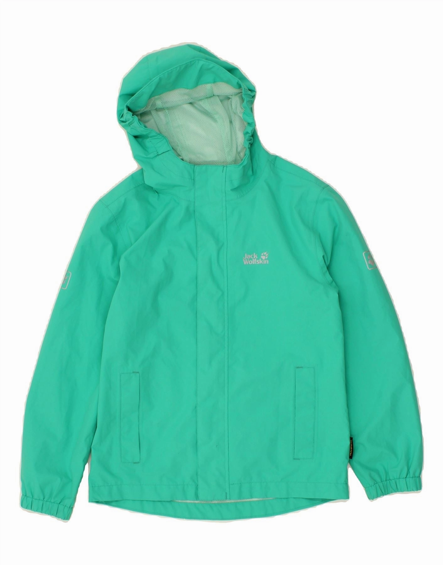 JACK WOLFSKIN Boys Hooded Rain Jacket 9-10 Years Green Polyester Versatile Layering Generation